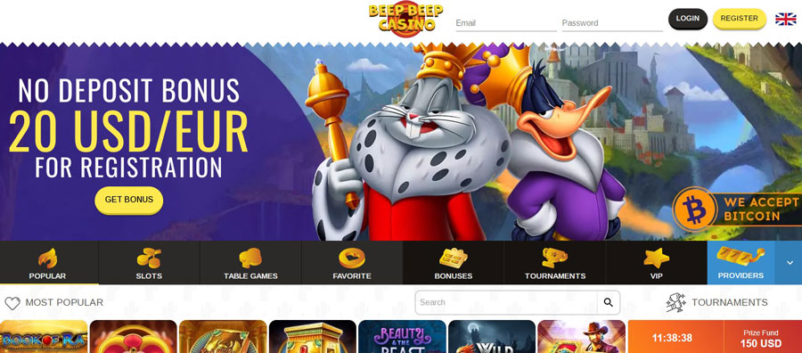 €/$ 20 No Deposit Bonus for registration at Beep Beep Casino